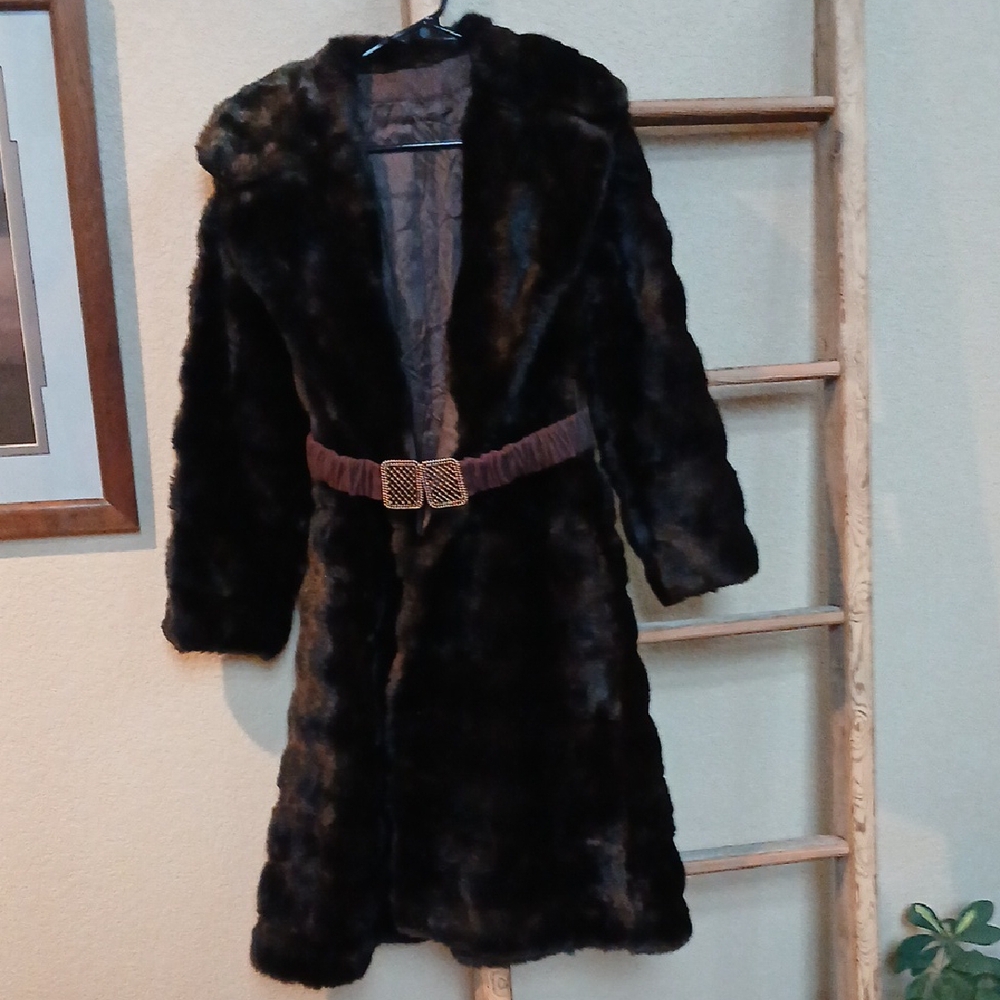Elegant Grandella Black & Brown Faux Fur Trench Coat Belt Buckle Broken